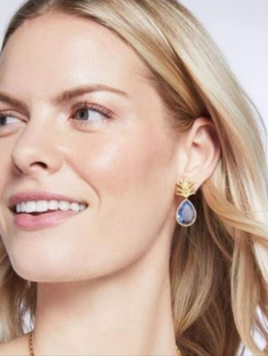 Julie Vos Gold Pineapple Earrings with Light Blue Teardrops - Picture 3 of 5